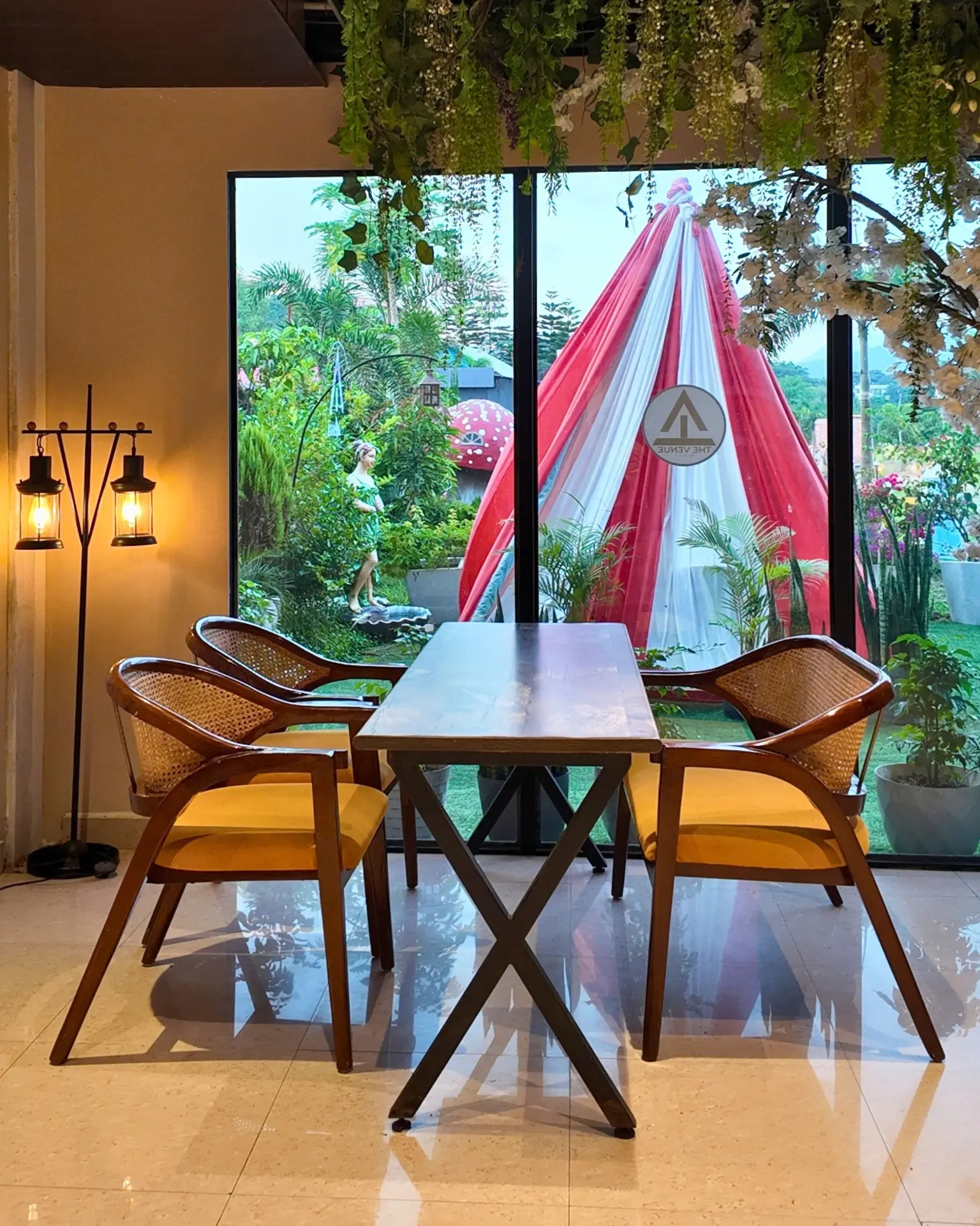 Indoor seating looking out to the garden patio